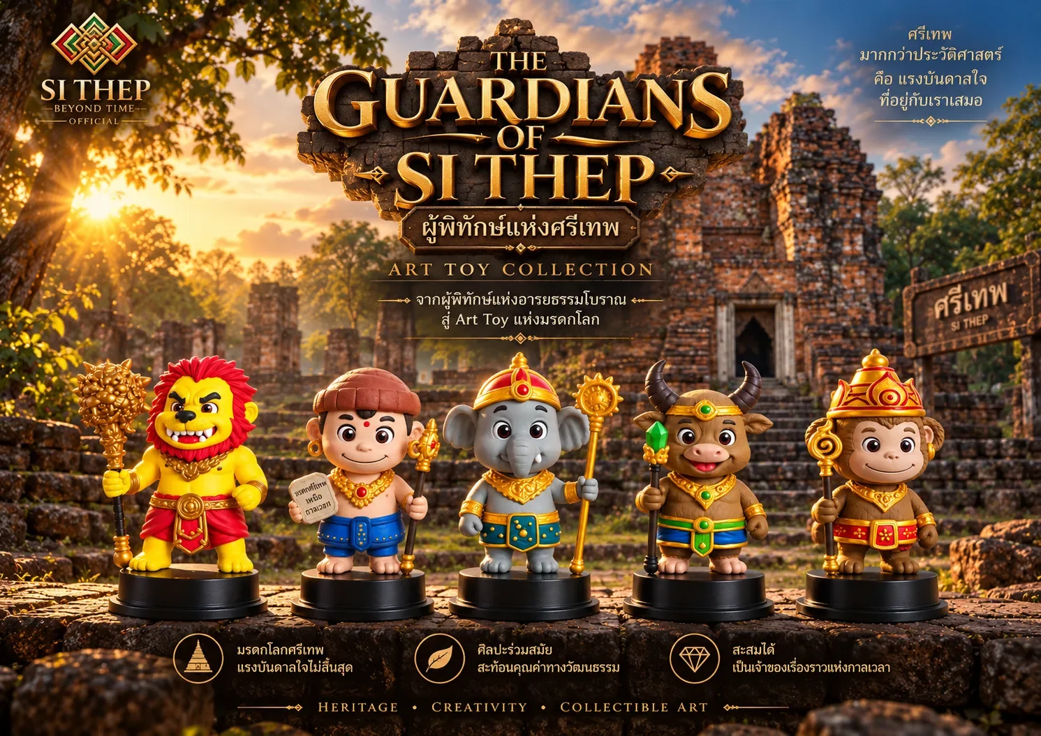 Art Toy ผู้พิทักษ์แห่งศรีเทพทั้ง 5 ตัว ตั้งบนแท่นสีดำเรียงหน้าปรางค์เมืองศรีเทพ
