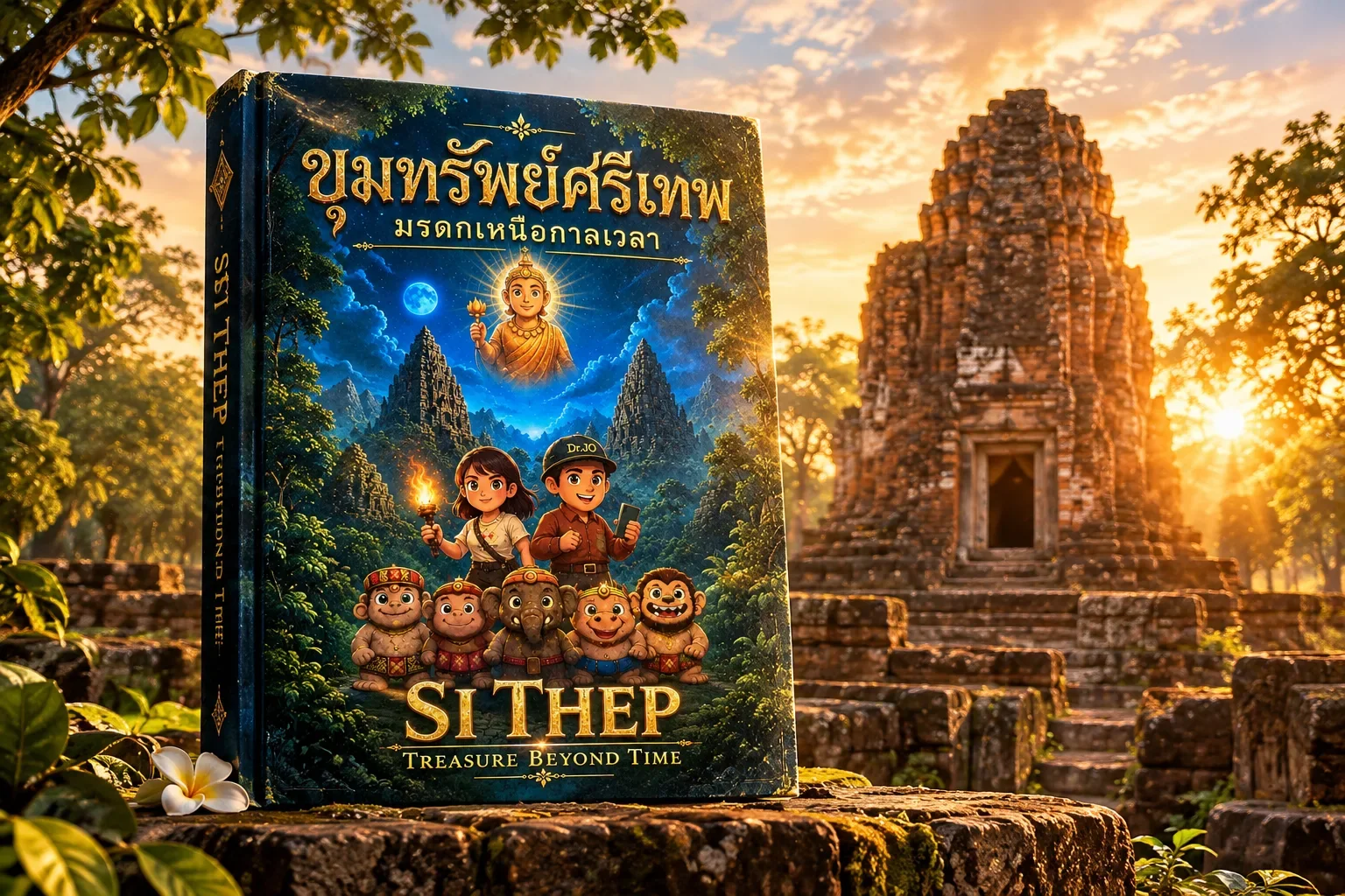 หนังสือขุมทรัพย์ศรีเทพวางอยู่บนฐานศิลาหน้าปรางค์เมืองโบราณศรีเทพยามเย็น
