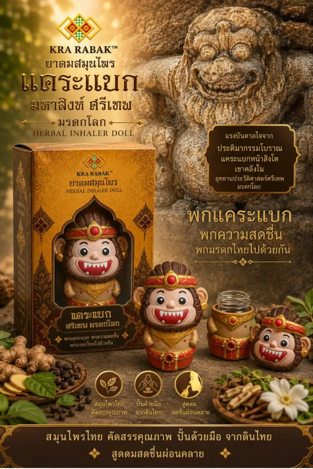 ยาดมแคระแบก มหาสิงห์ ศรีเทพ พร้อมกล่องบรรจุลายทองและตัวขวดรูปแคระแบกหน้าสิงห์
