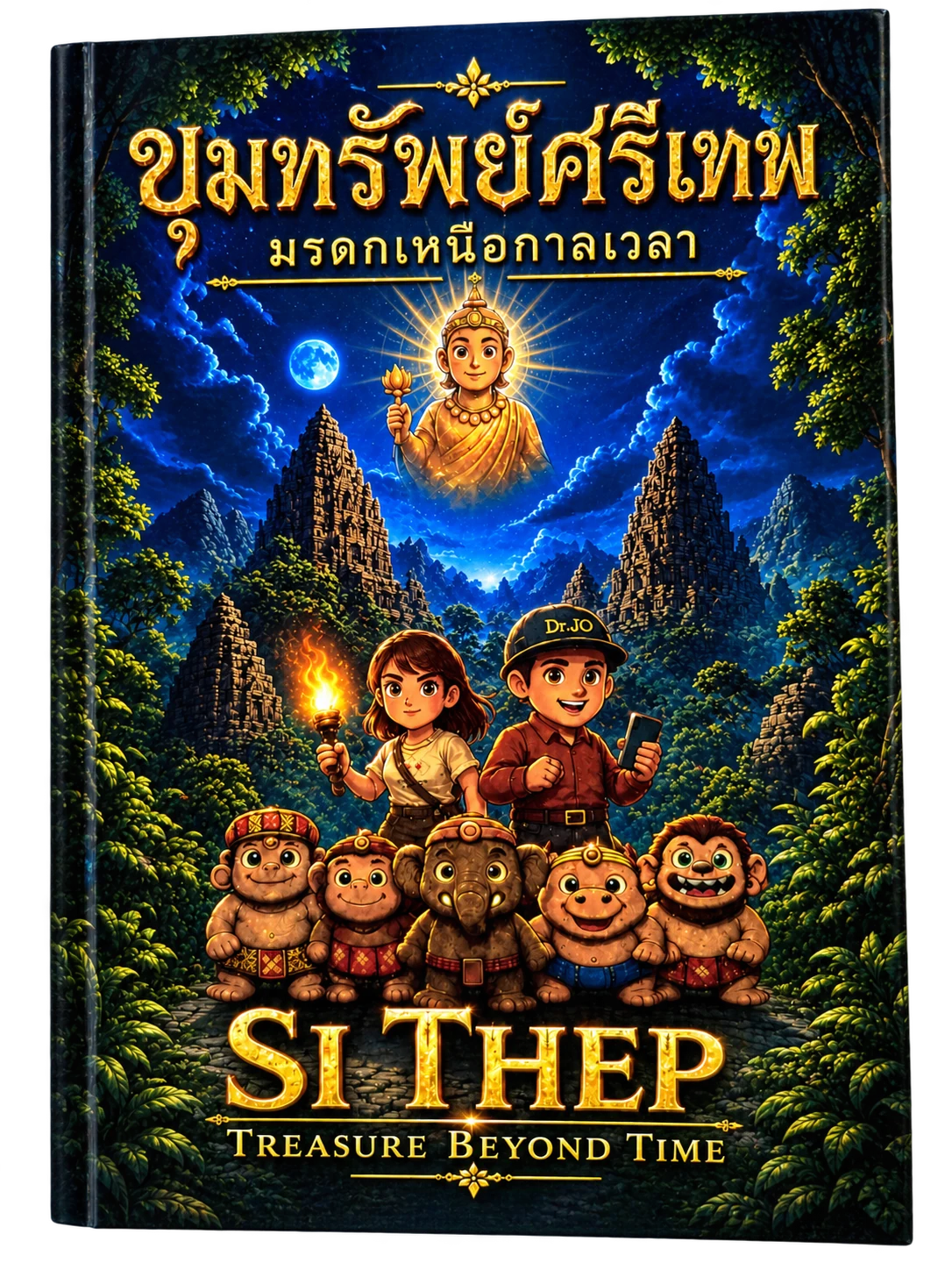 ปกหนังสือขุมทรัพย์ศรีเทพ มรดกเหนือกาลเวลา ภาพเทวรูปทองเหนือขุนเขาและคณะสำรวจกับผู้พิทักษ์ทั้งห้า